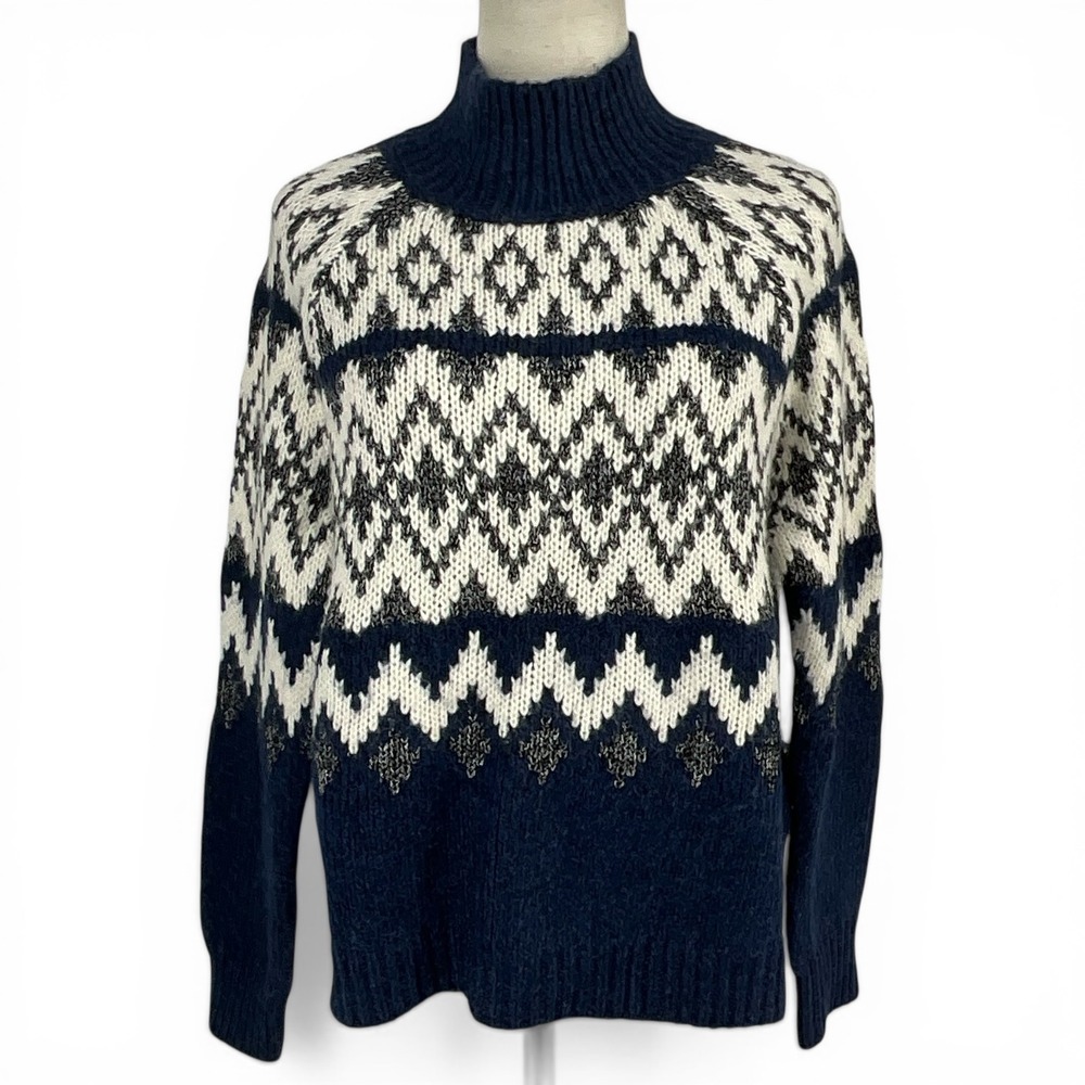 Lucky Brand Womens Fair Isle Mock Neck Sweater Navy Blue Metallic Silver XS NEW